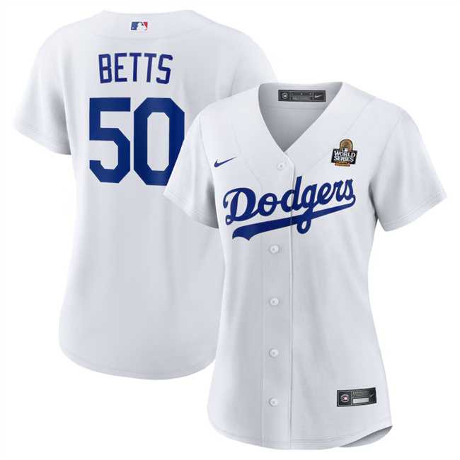 Womens Los Angeles Dodgers #50 Mookie Betts White 2024 World Series Cool Base Stitched Jersey(Run Small) Dzhi